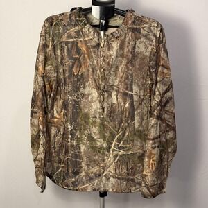 Cabela's Zonz Woodlands Windbreaker Jacket Mens Large Camo Hooded 1/4 Zip Mesh